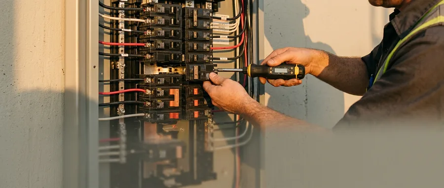 Close wide shot of a technician's hands seating a breaker with a torque screwdriver inside an installed, energised panel, wiring dressed and connected, warm low sun raking across the wall