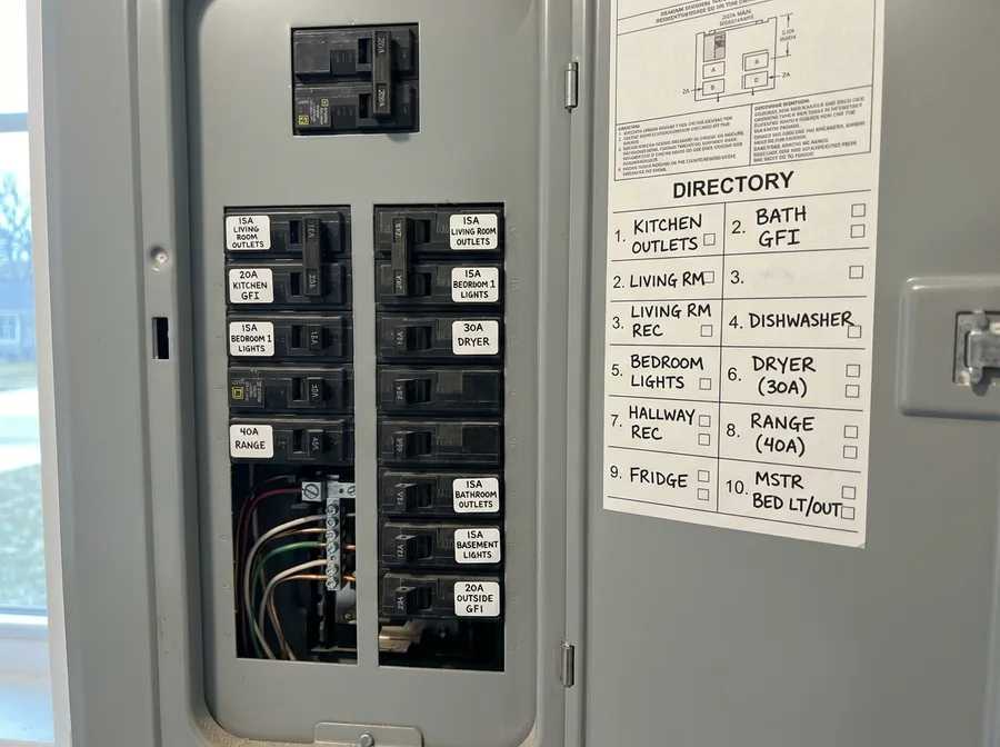 Tight detail of labelled breaker rows and the filled-in directory card inside a finished, connected 200-amp panel, cool daylight