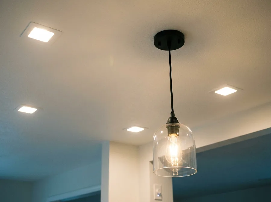 Newly installed recessed downlights and one pendant fixture wired in and switched on over a kitchen island at dusk, trims flush to the ceiling